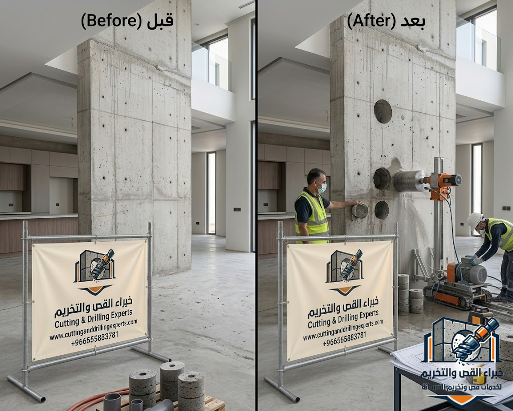 مقاول تخريم خرسانة بالكور بالطائف باستخدام أحدث أجهزة الكور الماسي لتنفيذ فتحات المكيفات والسباكة والكهرباء والتهوية والخزانات بدقة عالية